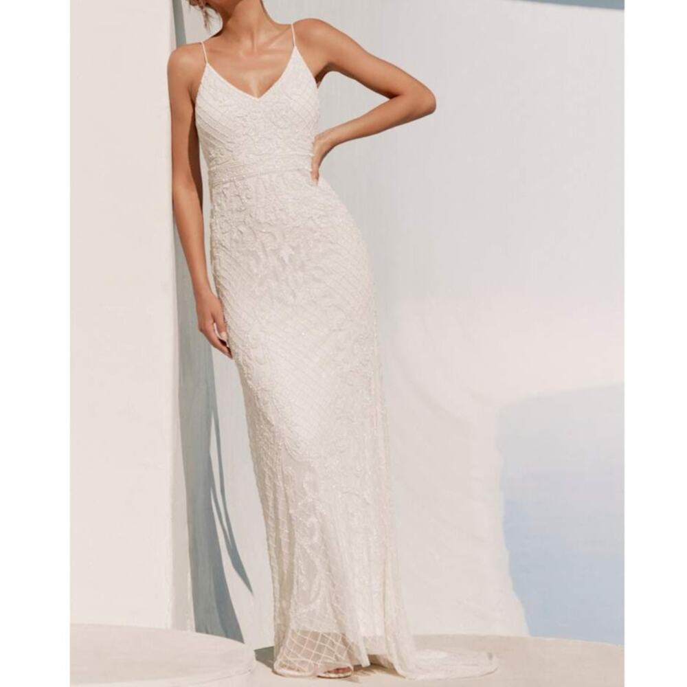 NEW Lulus Bridal Cherished Vow White Beaded Backless Mermaid Wedding Gown Dress